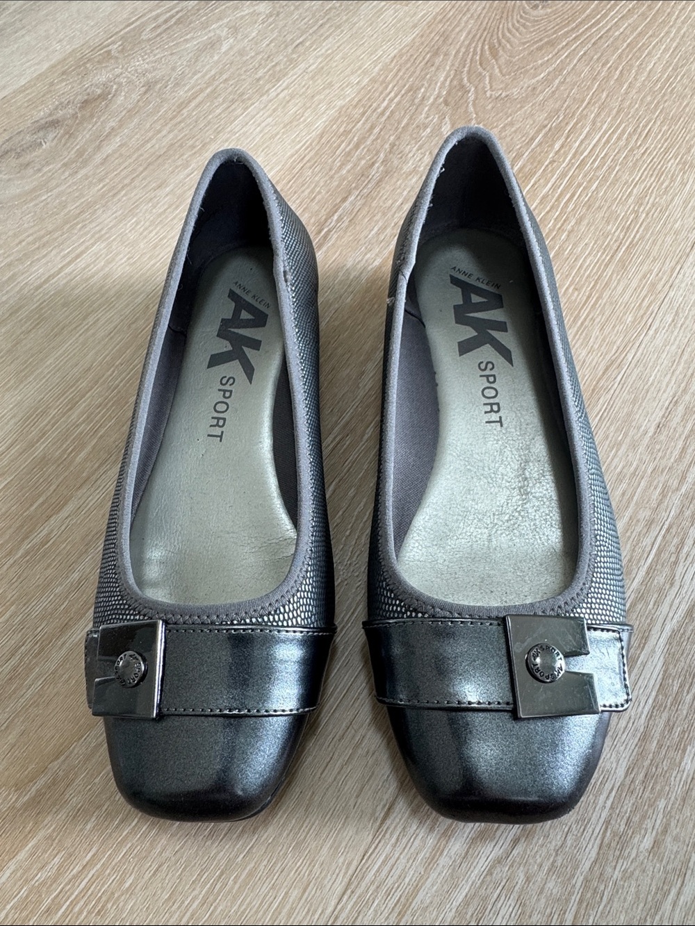 Anne Klein Metallic Charcoal Square-Toe Ballet Flats